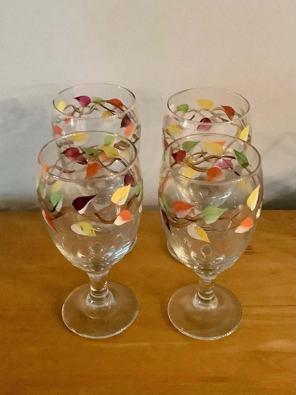 Colorful Hand Painted Leaf Stemmed Wine Glasses - Set of 4